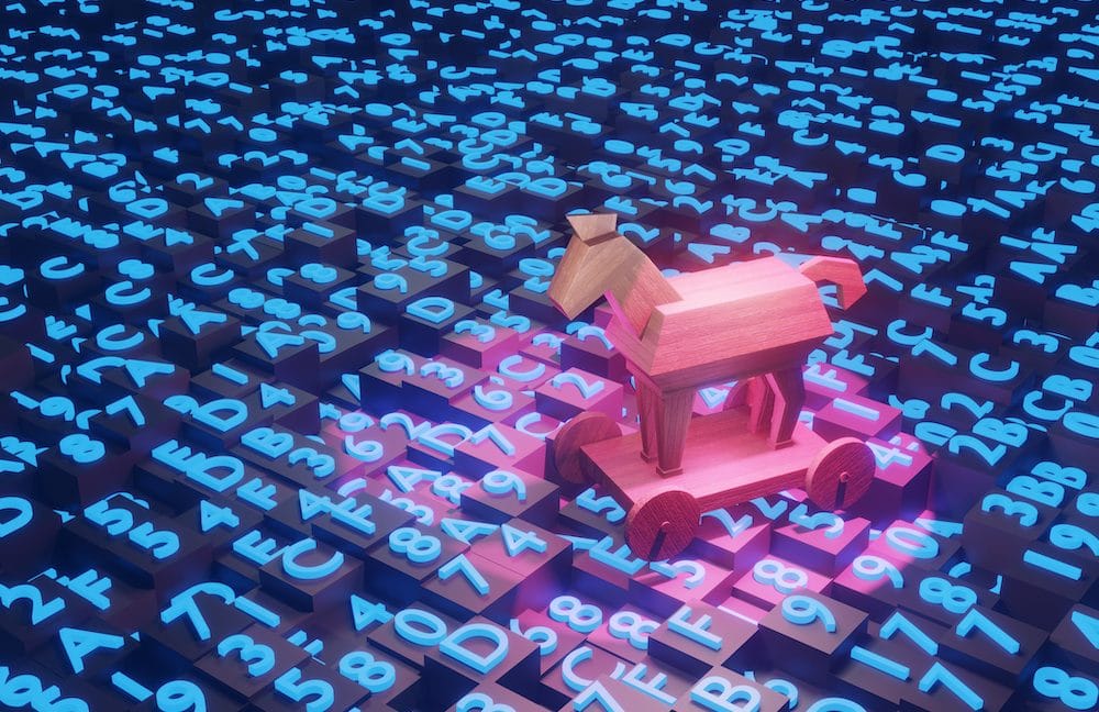A wooden Trojan horse sits atop a field of glowing hexadecimal code, symbolizing cybersecurity threats.