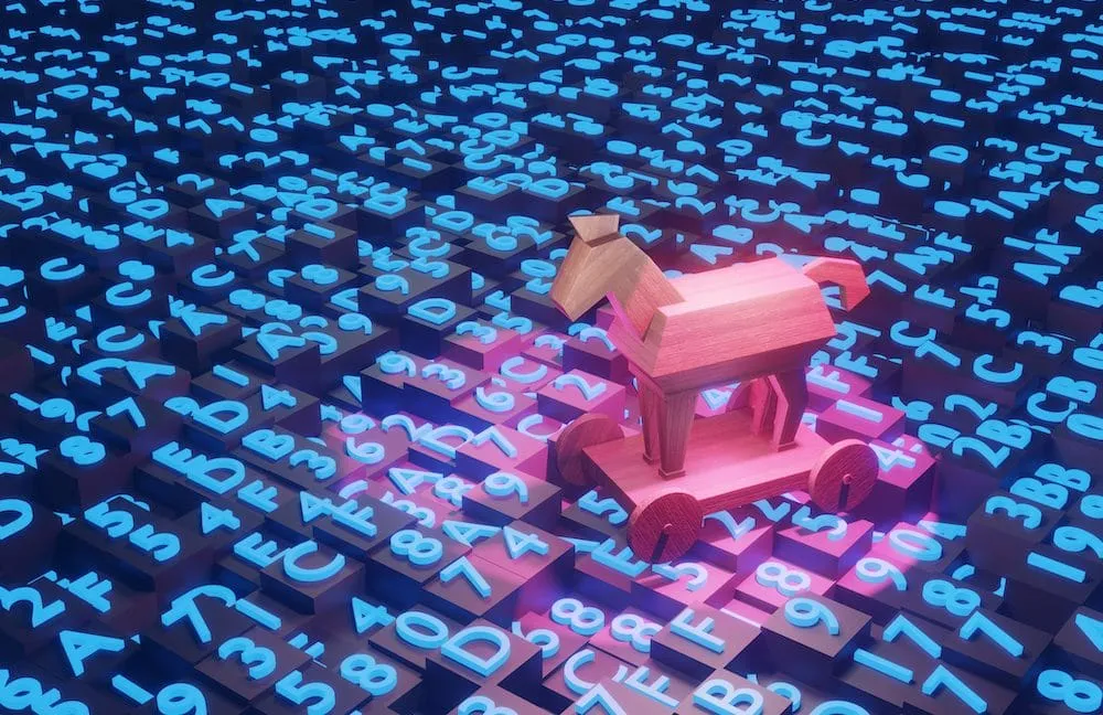 A wooden Trojan horse sits atop a field of glowing hexadecimal code, symbolizing cybersecurity threats.