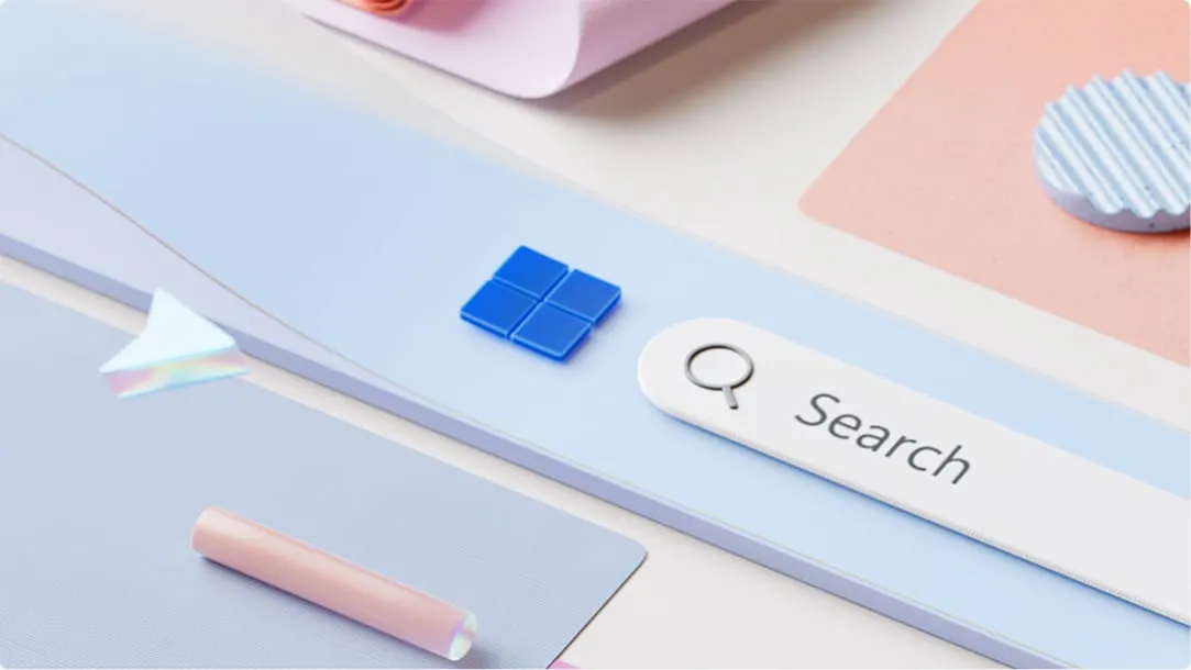 Windows 11 search bar and logo on a pastel background with abstract shapes.
