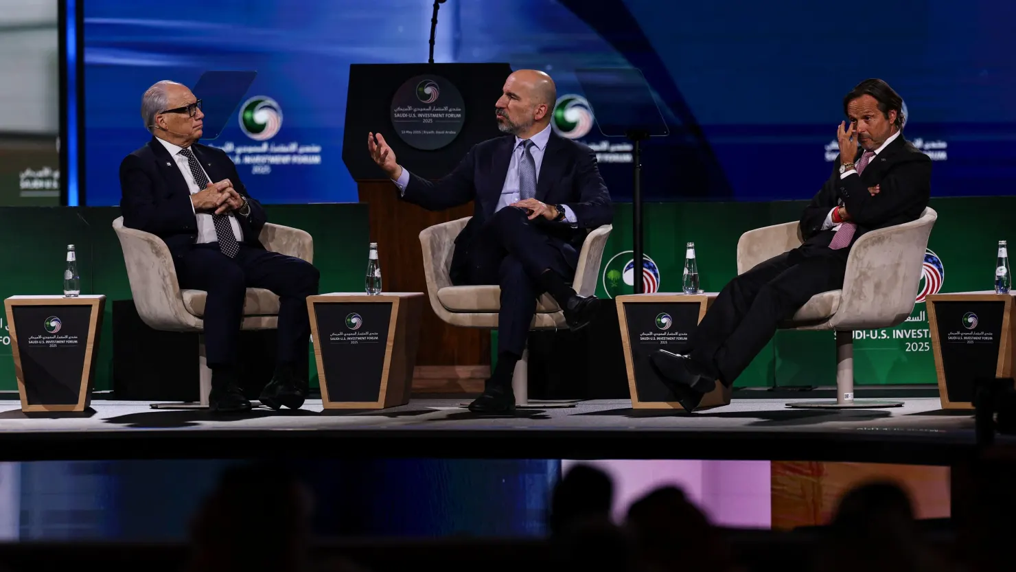 Uber CEO Dara Khosrowshahi speaks at the Saudi-U.S. Investment Forum in Riyadh, Saudi Arabia, on May 13, 2025.