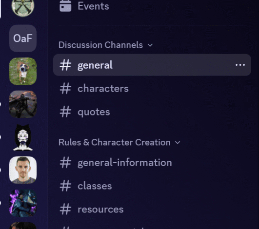 Discord server channels for 'Age of Ashes' game, showing categories like Events, general discussion, character creation, and resources.