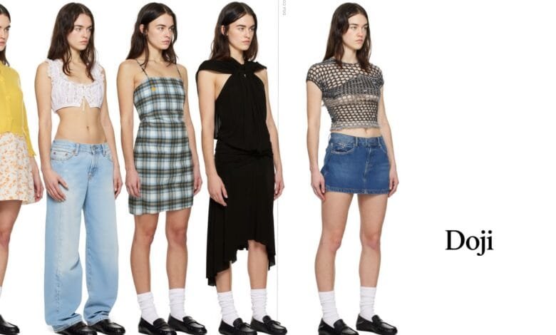 Five models showcase Doji clothing: skirts, dresses, jeans, and tops. They wear loafers and white socks.