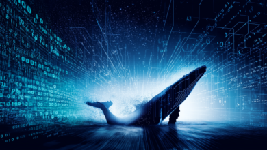 A stylized 3D rendering of a sperm whale breaching, surrounded by a digital matrix of binary code and circuit lines.