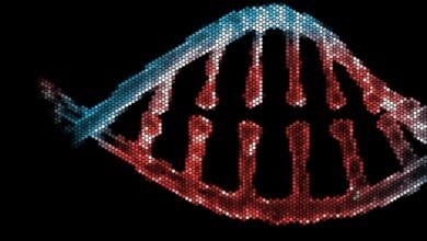 Abstract DNA double helix rendered in red, white, and blue hexagonal pixels against a black background.