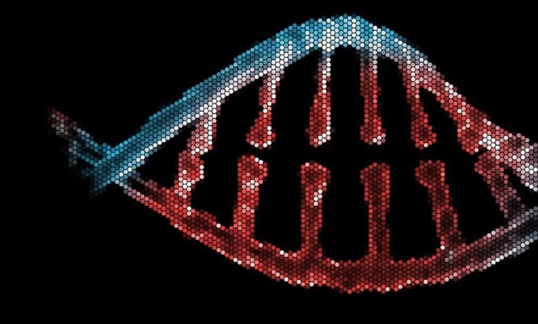 Abstract DNA double helix rendered in red, white, and blue hexagonal pixels against a black background.