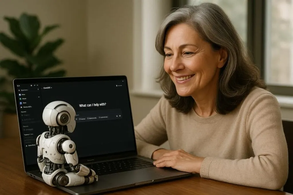 Realistic image of Stunning lady in her 50's stting on her desk , working on her laptop, the attached should be displayed on her screen. A small cyborg / humanoid sitting in front of her on the desk, while she's looking at him and smiling