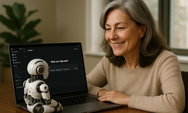 Realistic image of Stunning lady in her 50's stting on her desk , working on her laptop, the attached should be displayed on her screen. A small cyborg / humanoid sitting in front of her on the desk, while she's looking at him and smiling