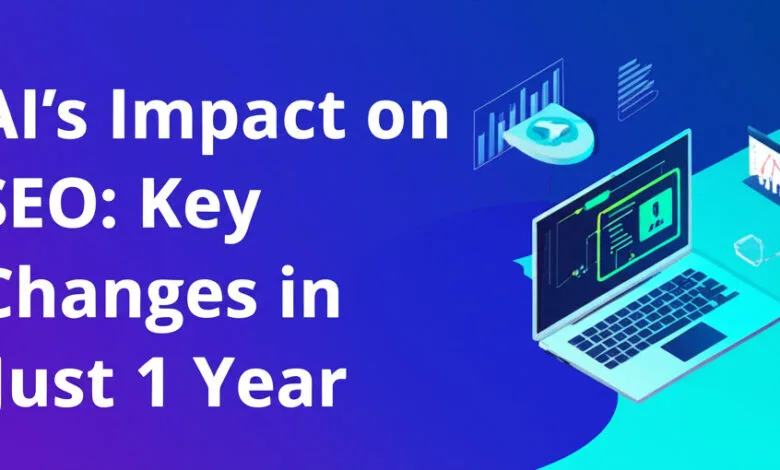 Isometric illustration of AI's impact on SEO, showing a laptop with data visualizations and a person interacting with it.