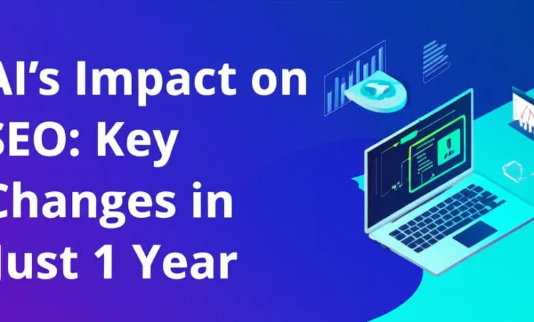 Isometric illustration of AI's impact on SEO, showing a laptop with data visualizations and a person interacting with it.