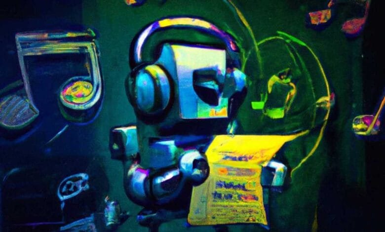 A vibrant, abstract artwork depicts a robot wearing headphones and reading sheet music, surrounded by musical notes.