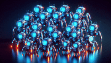 A swarm of small, spider-like robots with glowing blue screens stand on a dark reflective surface.