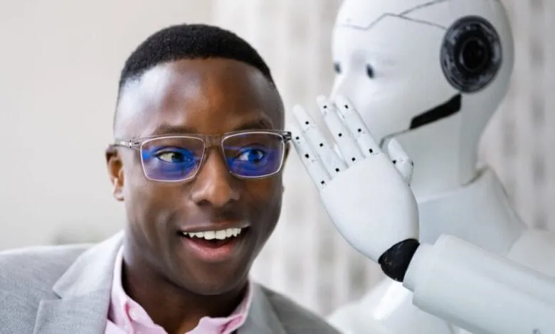 A man with glasses listens intently as a robot whispers in his ear. The scene is close-up and features a futuristic aesthetic.