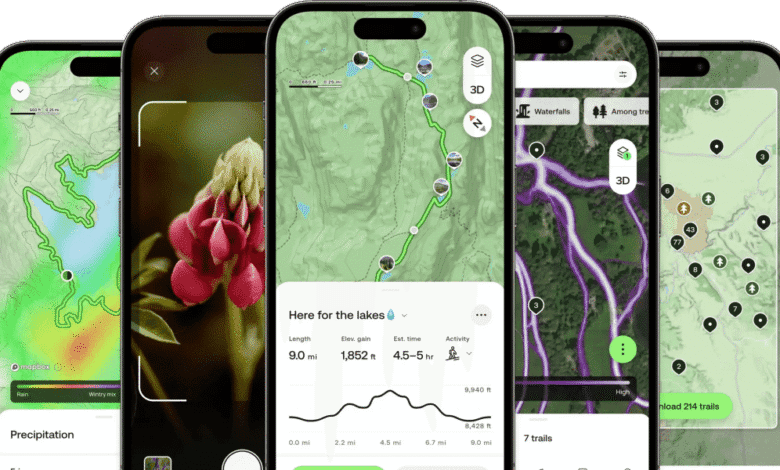 Screenshots showcase a hiking app with interactive maps, elevation profiles, weather details, 3D views, and trail information.