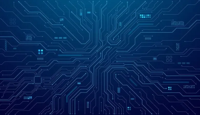 Abstract digital circuit board background with glowing blue lines and nodes, resembling a complex network.