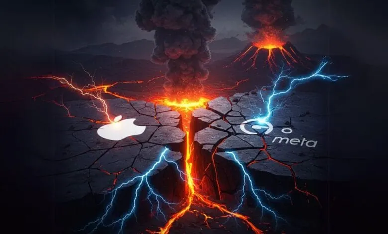 Apple and Meta logos split by a volcanic fissure, struck by lightning. Fiery, dramatic scene.