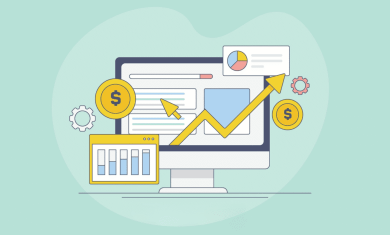 Computer screen shows upward trending graphs, dollar coins, and gears, symbolizing financial growth and online success.