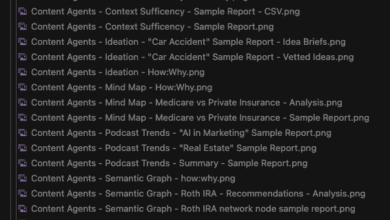 Screenshot of a file directory showing AI agent sample reports and analyses categorized by content and LLM agents, covering topics like AI FAQs, context sufficiency, and podcast trends.