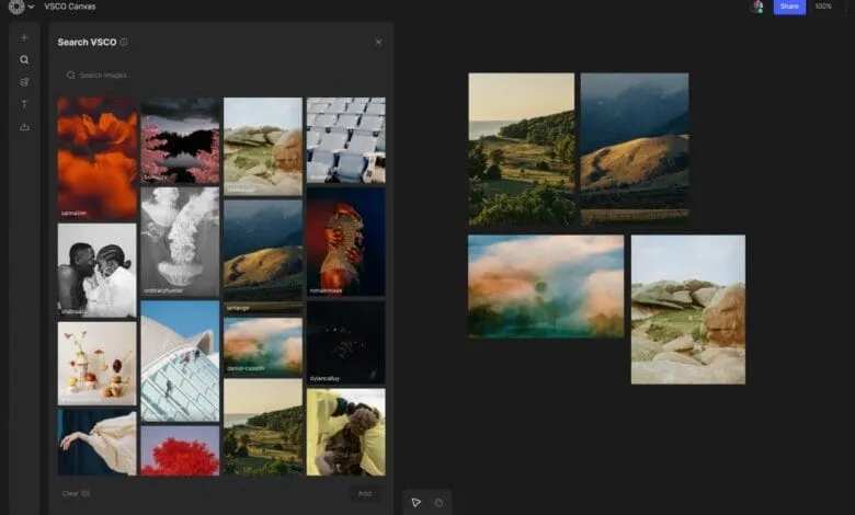 VSCO Canvas interface with a dark theme, displaying a grid of diverse photos and a project canvas.