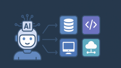 Friendly AI robot connected to database, code, computer, and cloud icons, showing AI's data reliance.