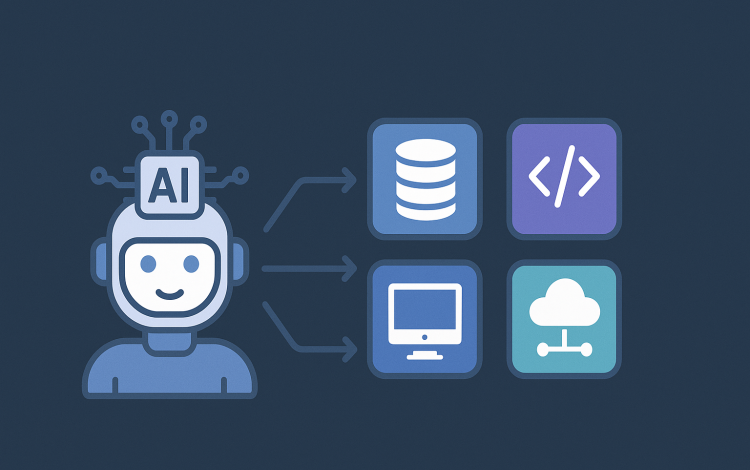 Friendly AI robot connected to database, code, computer, and cloud icons, showing AI's data reliance.