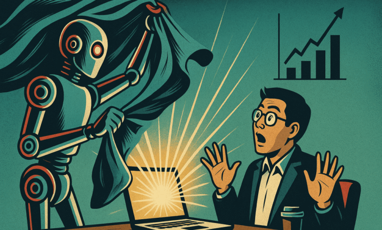 A robot reveals a glowing laptop screen to a surprised businessman, with a growth chart in the background.
