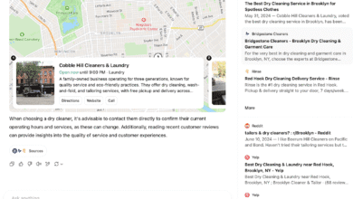 Google Maps results for Cobble Hill Cleaners & Laundry in Brooklyn, NY, highlighting reviews and services.
