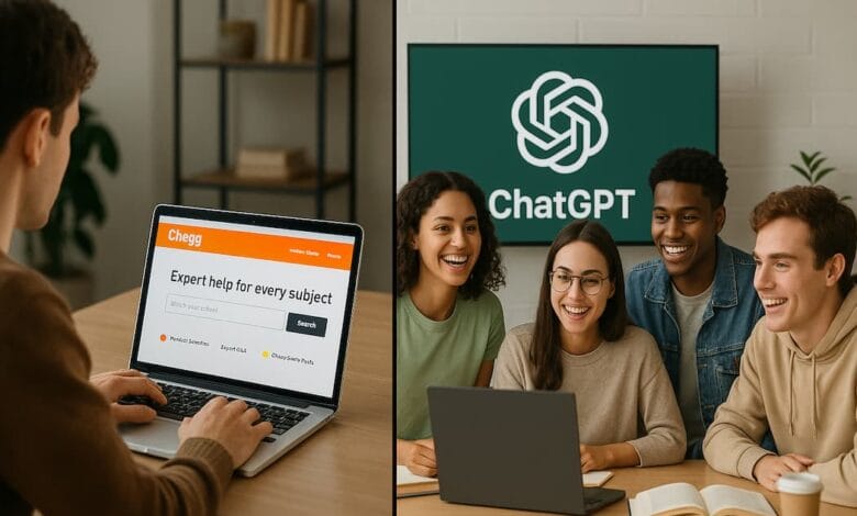 Split image: Left, student uses Chegg; right, students collaborate using ChatGPT. Illustrates individual vs. group study.