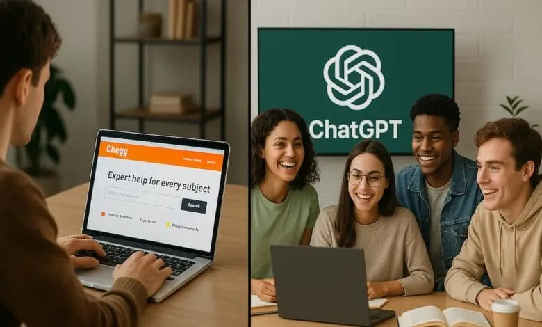 Split image: Student uses Chegg for individual study vs. diverse students collaborating with ChatGPT.