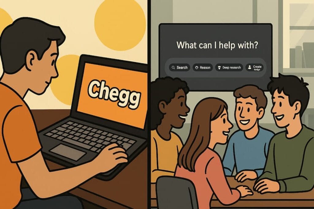 A split scene. On the left side, a student is shown individually using a laptop displaying the Chegg website, similar to the provided image. On the right side, a group of students will be gathered around a screen showing an AI chatbot, engaged and interested.