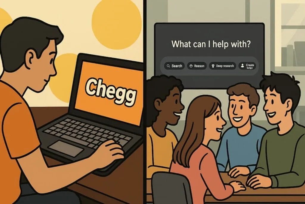 A split scene. On the left side, a student is shown individually using a laptop displaying the Chegg website, similar to the provided image. On the right side, a group of students will be gathered around a screen showing an AI chatbot, engaged and interested.