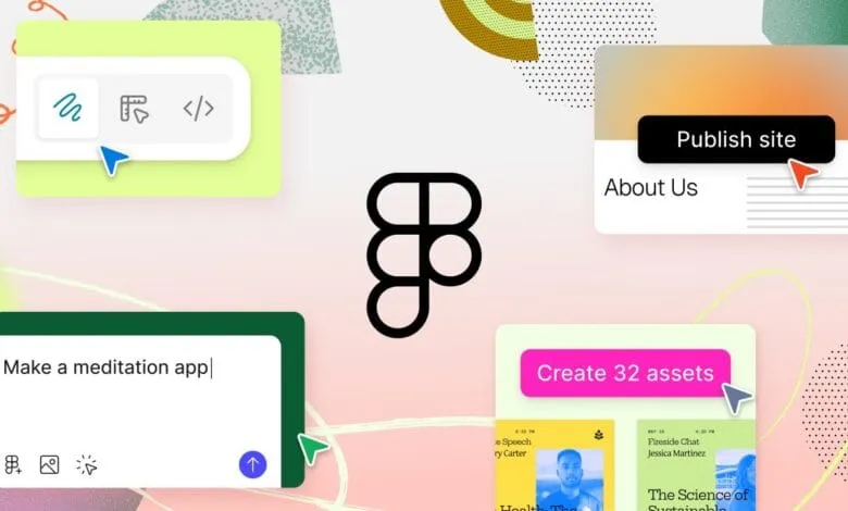 App development platform graphic: pastel colors, central logo, design, publishing, and asset creation features highlighted.