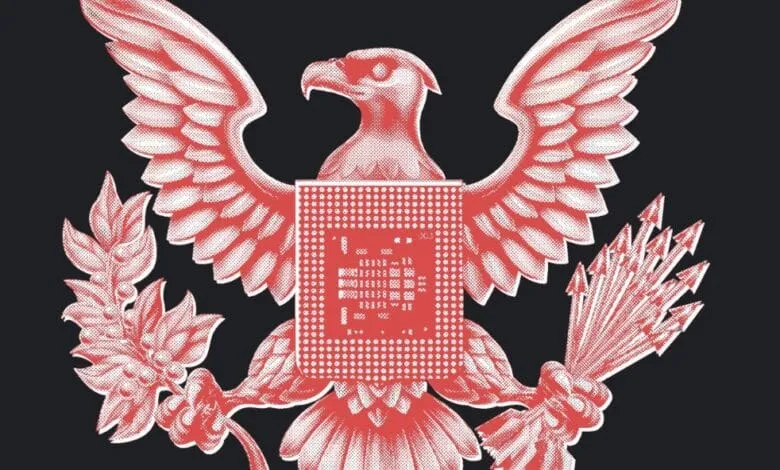 Stylized red eagle holding a computer chip, symbolizing technological power and possibly AI.