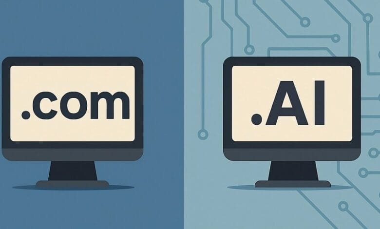 Two computer screens side-by-side; one displays '.com', the other '.AI', representing traditional websites vs. AI domains.
