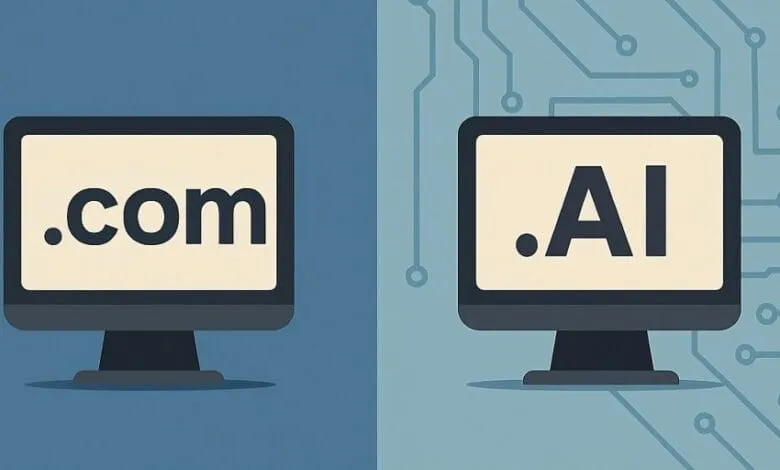Two computer screens side-by-side; one displays '.com', the other '.AI', representing traditional websites vs. AI domains.