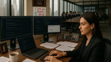 Woman codes at desk with multiple monitors displaying Python code, family photos, and a 'Partner of the Year' award visible. A conference room with colleagues is in the background.