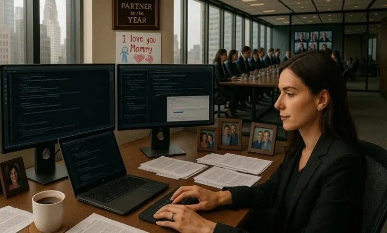 Woman coding at a desk with multiple monitors showing Python code, family photos, and an award. A conference room is visible in the background.