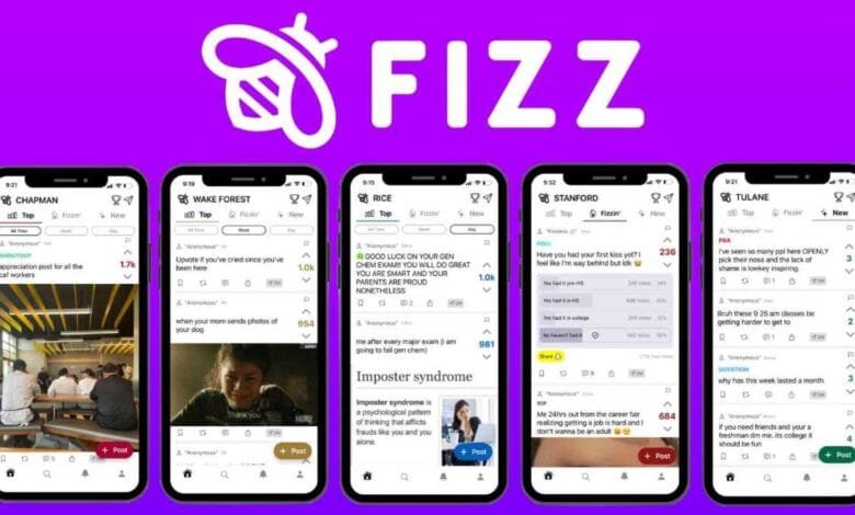 Five iPhone screenshots show the Fizz app's interface. Anonymous posts and polls from Chapman, Wake Forest, Rice, Stanford, and Tulane universities are displayed, using a purple and white color scheme.