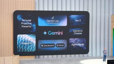 Google Gemini AI features displayed on a large screen, showcasing its capabilities across Android, iOS, Chrome, and more.