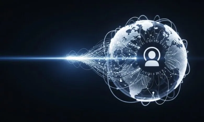 Abstract digital globe with glowing lines connecting to a user icon, symbolizing global connectivity.