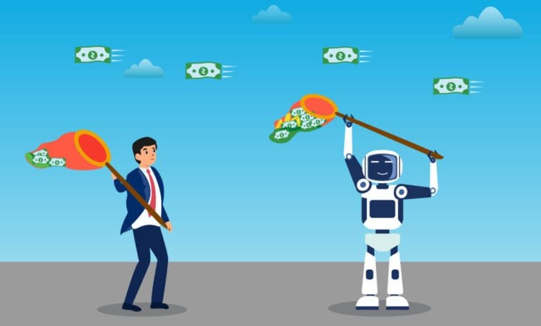 A businessman and a robot compete to catch falling money with nets. The robot appears to be winning.