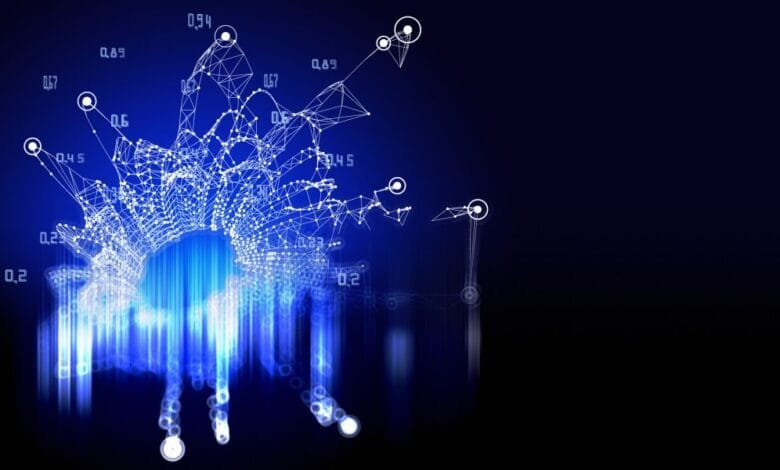 Abstract digital data visualization with glowing blue lines and white interconnected nodes, numbers scattered throughout.