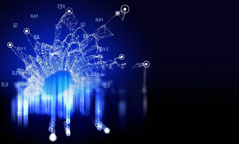 Abstract digital data visualization with glowing blue lines and white interconnected nodes, numbers scattered throughout.