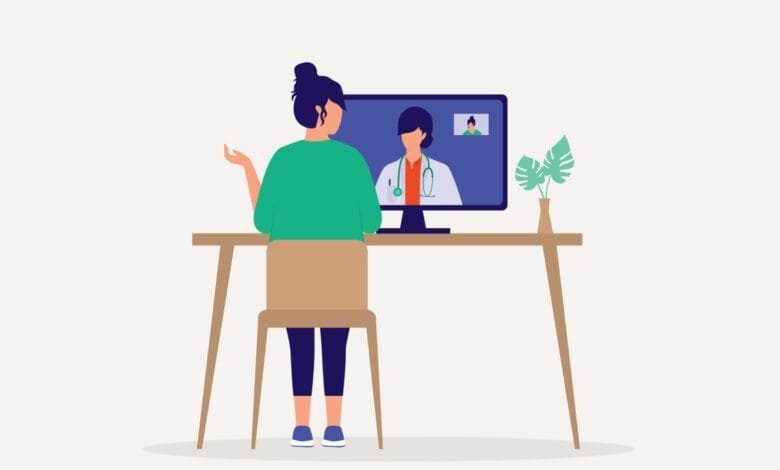 Person having a telehealth appointment with a doctor on a computer.