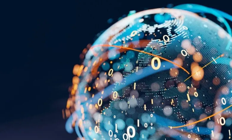 Abstract globe composed of glowing binary code, showcasing global digital connectivity and data flow.