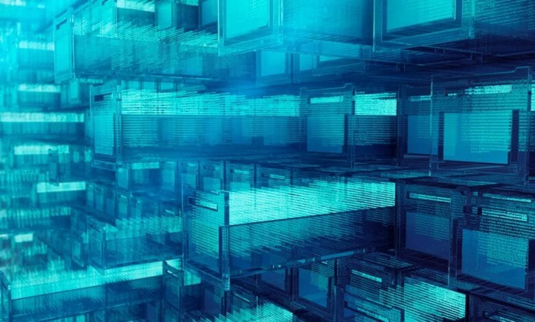 Abstract digital art of translucent cubes filled with teal code, creating a complex, layered structure.