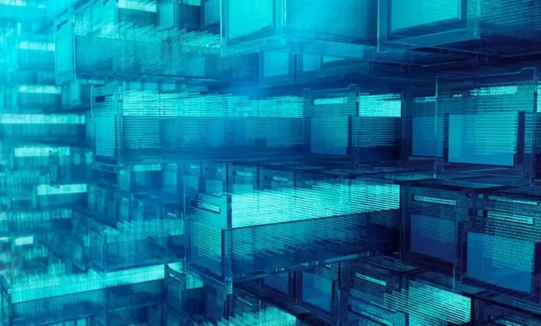 Abstract digital art of translucent cubes filled with teal code, creating a complex, layered structure.