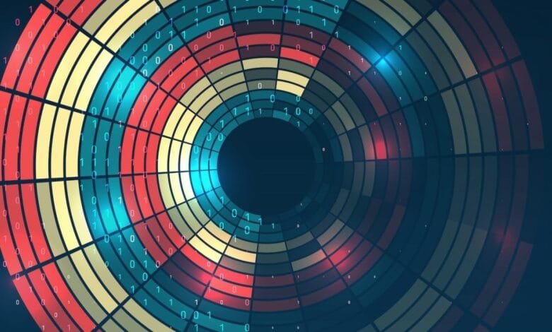 Abstract concentric circles of red, teal, and beige blocks with binary code scattered throughout.