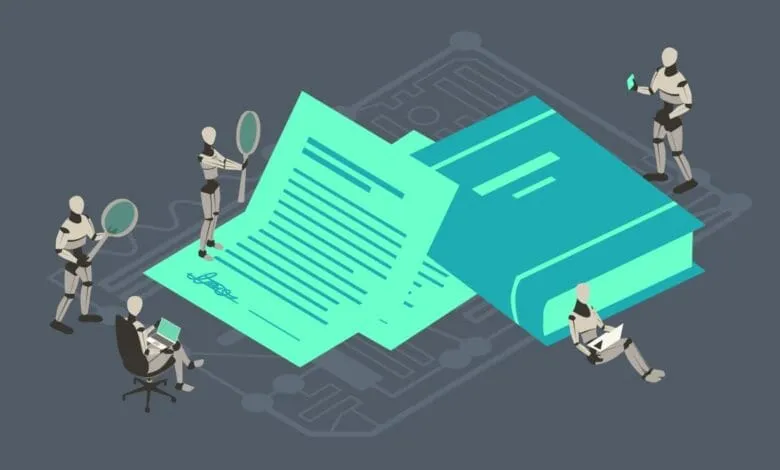 Robotic figures examine a teal document and book, suggesting automated legal or research processes.