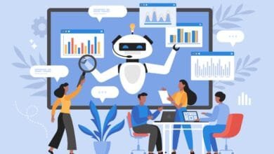 A team collaborates with a robot AI analyzing data charts on a large screen, showcasing teamwork and AI-driven insights.