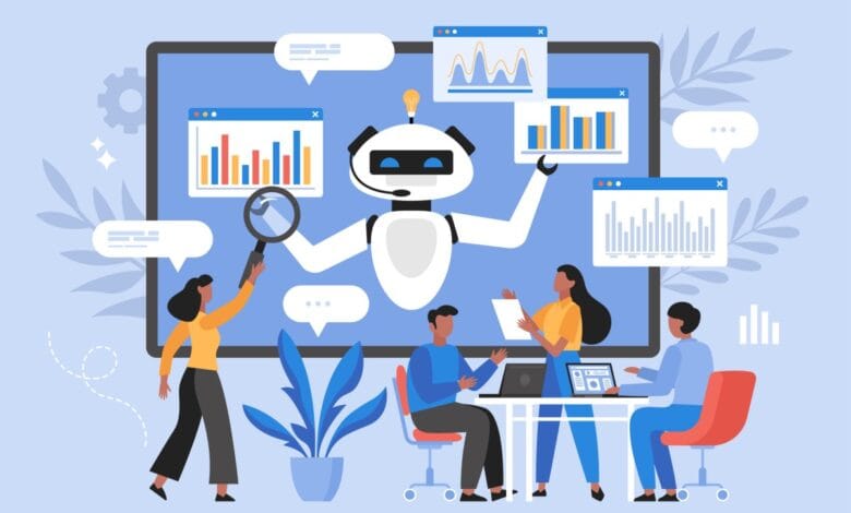 A team collaborates with a robot AI analyzing data charts on a large screen, showcasing teamwork and AI-driven insights.